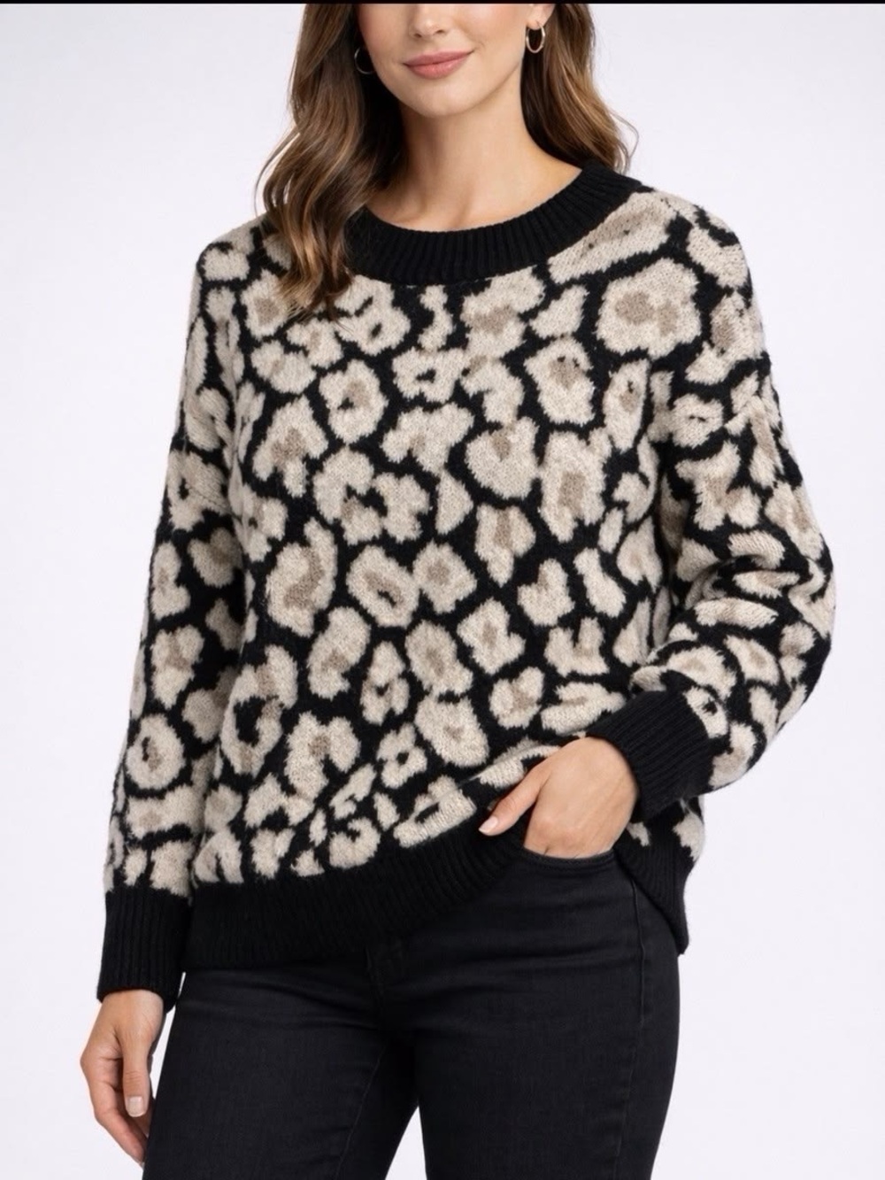 Vince Camuto Black and Cream Leopard Print Crewneck Sweater
